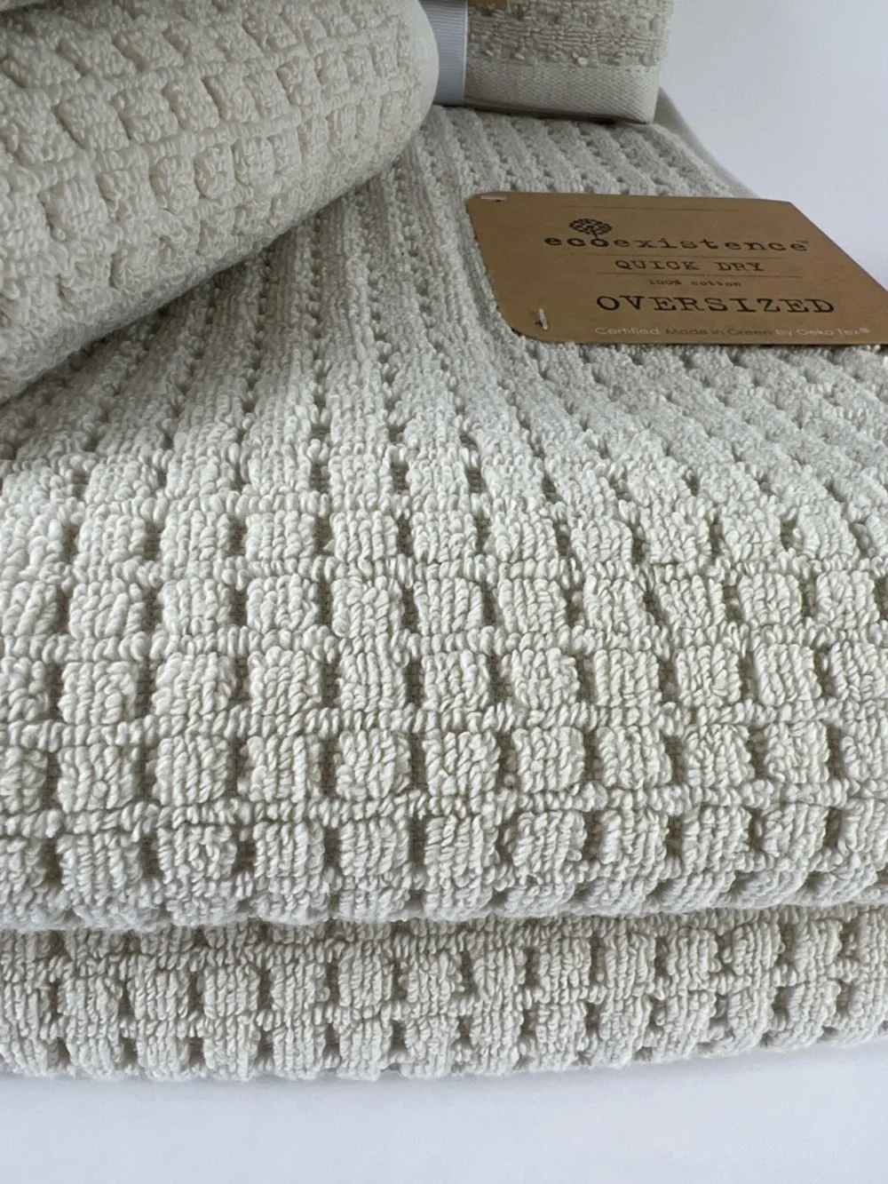 Ecoexistence Oversized Bath Towel Set Tan Waffle Cotton Quick Dry Set of 8 NEW